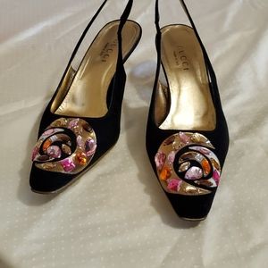 Gucci black suede sling back heels